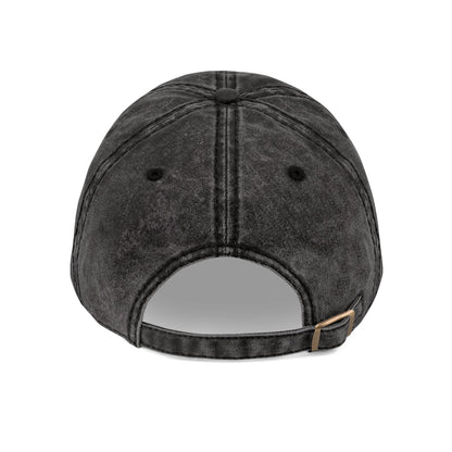 MOONSMC Vintage Badge Embroidered Stone Washed Hat: rear of the black washed-finish cap showing its adjustable strap.