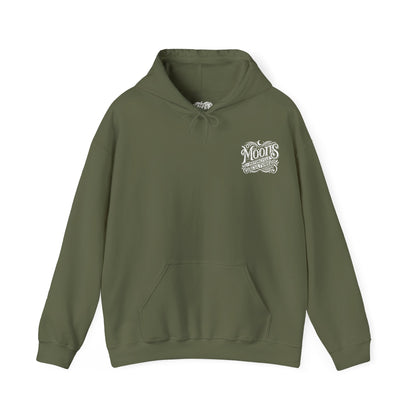 MOONSMC "The Saloon" Hooded Sweatshirt: front view in olive green with a small chest logo.