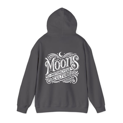 MOONSMC "The Saloon" Hooded Sweatshirt: charcoal hoodie showing the large back logo with the hood raised.