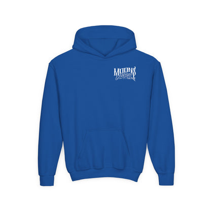 MOONSMC OG Logo Kids Hoodie: front of the royal blue kids hoodie with a small chest logo.