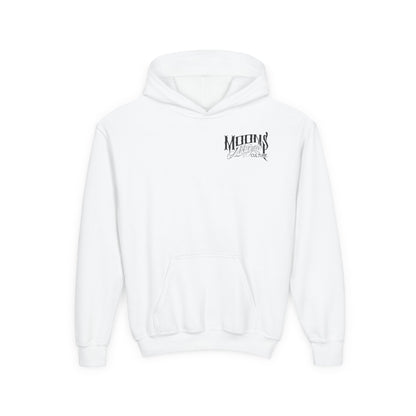 MOONSMC OG Logo Kids Hoodie: front of the white kids hoodie with a small chest logo.