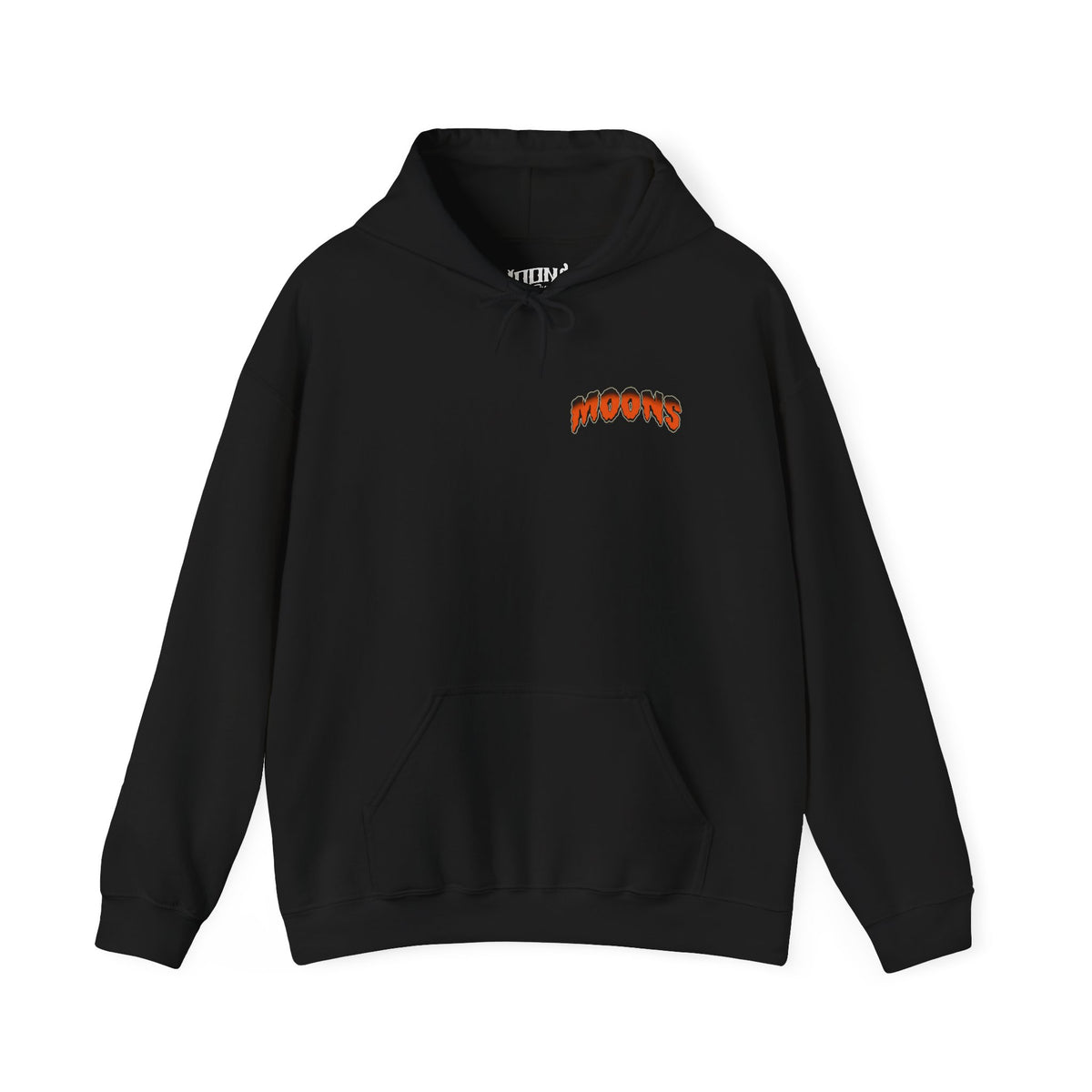 Front of black MOONSMC Midnight Reaper hoodie with orange left chest logo and kangaroo pocket