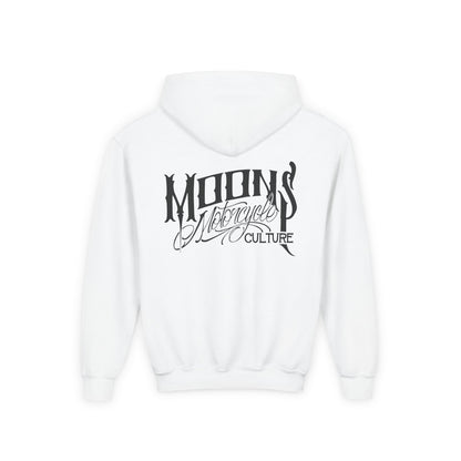 MOONSMC OG Logo Kids Hoodie: white kids hoodie showing the large back logo.