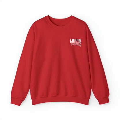 MOONSMC OG Logo Heavy Blend Crewneck Sweatshirt: front of the red sweatshirt with a small chest logo.