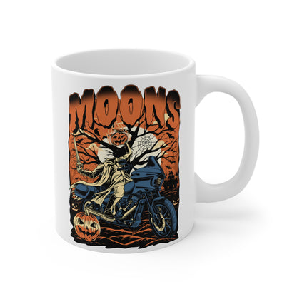 MOONSMC 2024 Halloween Edition - FXLRST Headless Horsemen Graveyard Coffee Mug Orange: white mug showing the rider and pumpkin graphic, handle on the right.