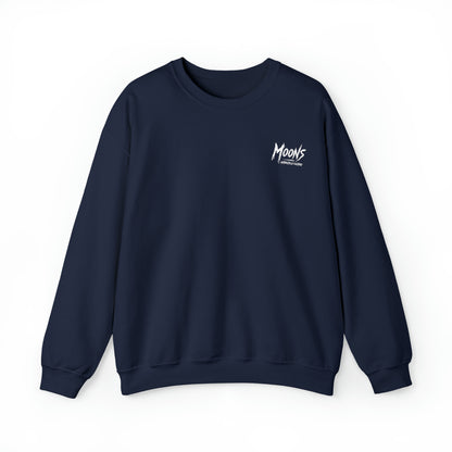 MOONSMC Graffiti Type Logo Heavy Blend Crewneck Sweatshirt: front of the navy sweatshirt with a small chest logo.