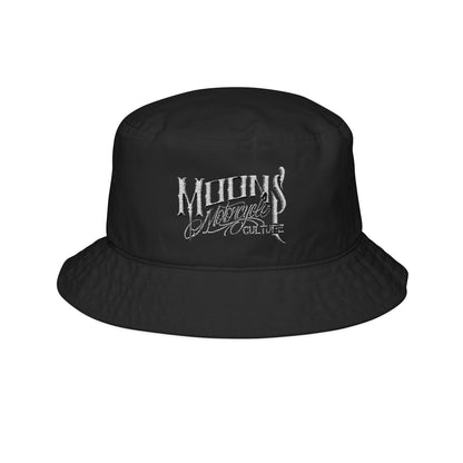 MOONSMC OG Logo Embroidered Bucket Hat: front view of the black bucket hat with an embroidered logo.