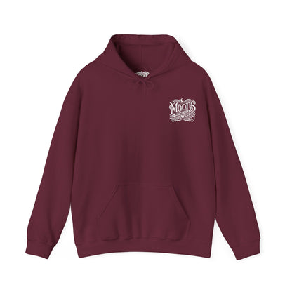 MOONSMC "The Saloon" Hooded Sweatshirt: front view in burgundy with a small chest logo.