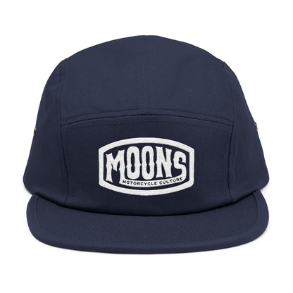 MOONSMC Vintage Badge Embroidered Logo 5 Panel Hat: front of the navy five-panel cap with an embroidered badge.