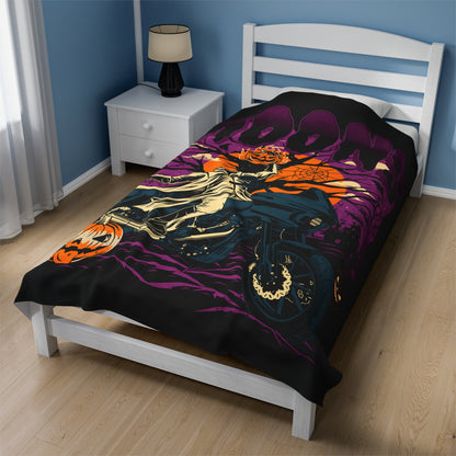 MOONSMC 2024 Halloween Edition - FXLRST Headless Horsemen Graveyard Purple Velveteen Plush Blanket: printed blanket draped across the lower part of a bed.