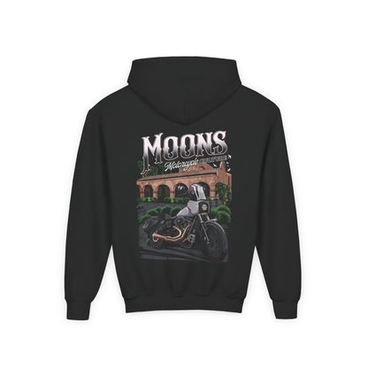 MOONSMC San Juan Capistrano - Mission Dyna Youth Hoodie: dark youth hoodie showing the mission and motorcycle back graphic.