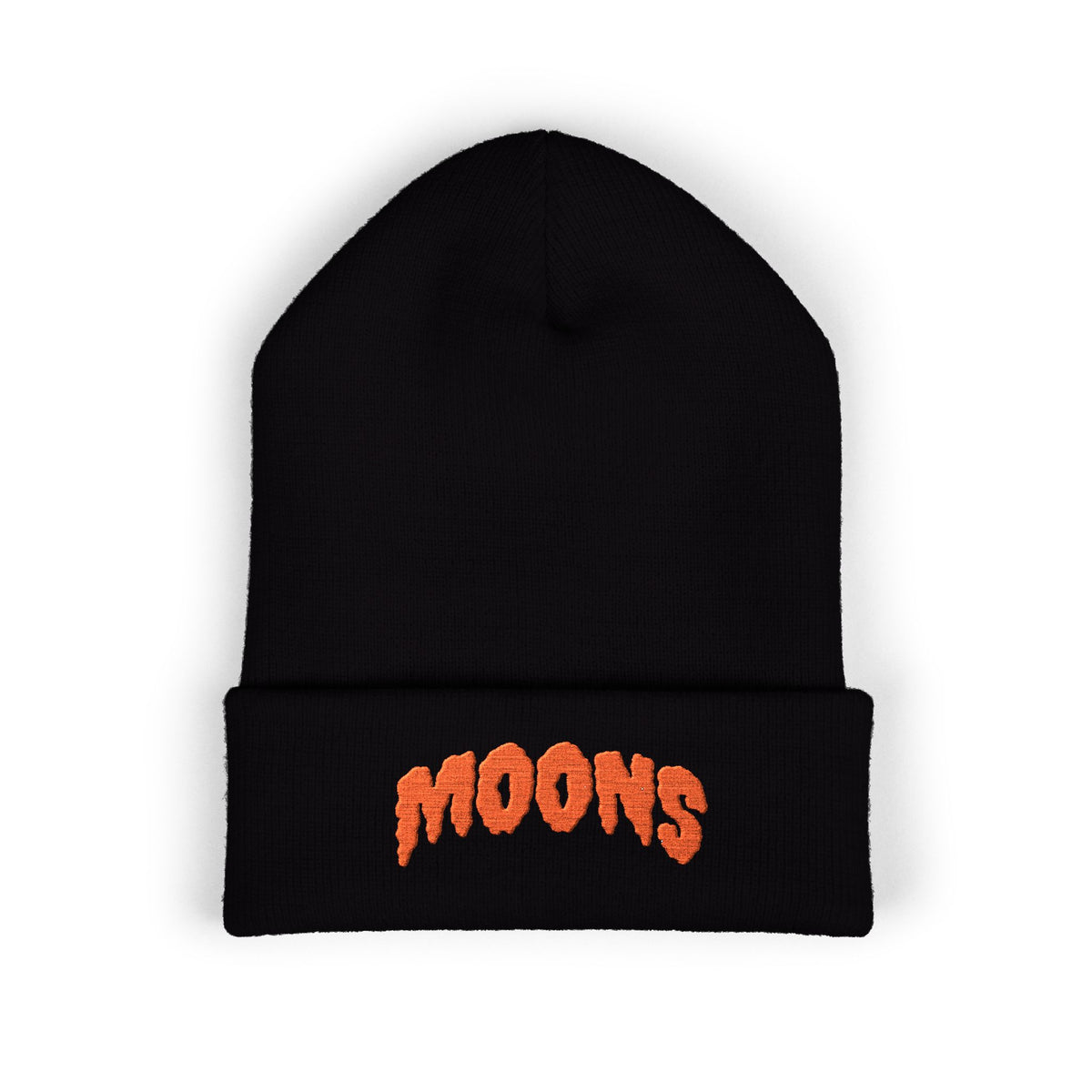 Front view of black MOONSMC Midnight Reaper Halloween 2026 cuffed beanie with orange MOONS embroidery