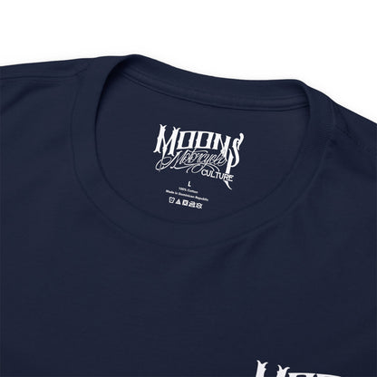 MOONSMC FXDT / T-SPORT "MURICA" Heavy T-Shirt: close-up of the navy neckline and printed neck label.