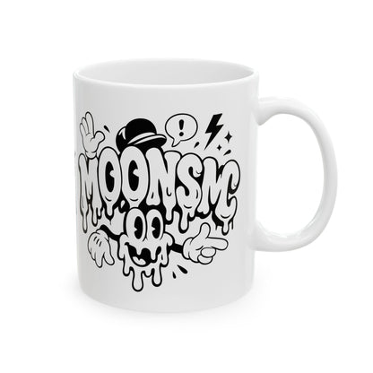 MOONSMC Urban Drip Graffiti Style Ceramic Coffee Mug: white mug showing the black graffiti artwork, handle on the right.