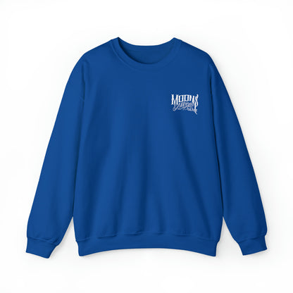MOONSMC OG Logo Heavy Blend Crewneck Sweatshirt: front of the royal blue sweatshirt with a small chest logo.