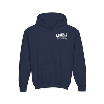 MOONSMC OG Logo Kids Hoodie: front of the navy kids hoodie with a small chest logo.