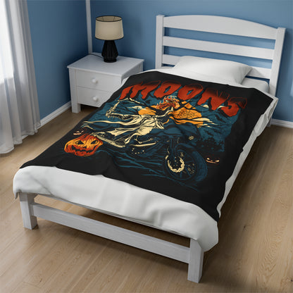 MOONSMC 2024 Halloween Edition - FXLRST Headless Horsemen Graveyard Indigo Velveteen Plush Blanket: printed blanket draped across the lower part of a bed.