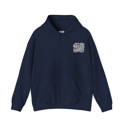 MOONSMC "The Saloon" Hooded Sweatshirt: front view in navy with a small chest logo.