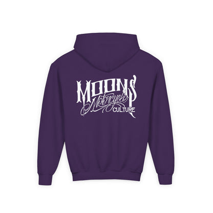 MOONSMC OG Logo Kids Hoodie: purple kids hoodie showing the large back logo.
