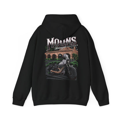 MOONSMC San Juan Capistrano - Mission Dyna Premium Pullover Hoodie: black hoodie showing the mission and motorcycle back graphic with the hood down.