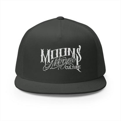 MOONSMC OG Logo White Embroidered 5 Panel Trucker Hat: front view in charcoal, showing the embroidered logo.