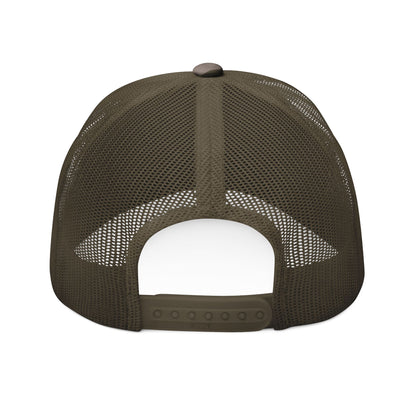MOONSMC Vintage Badge Embroidered Camouflage Trucker Hat: rear view showing olive mesh and an adjustable snap closure.