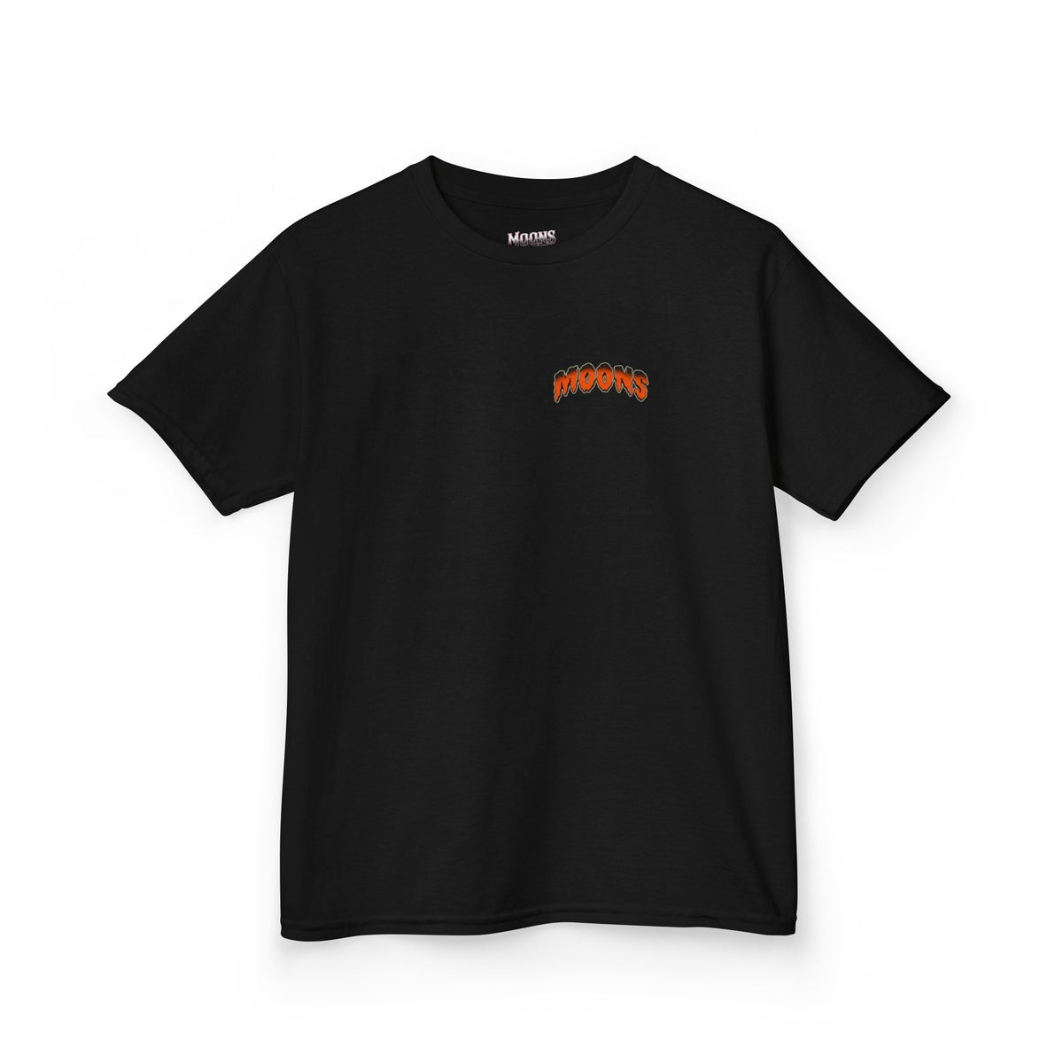 Front of black MOONSMC Midnight Reaper kids tee with a small orange MOONS left chest logo