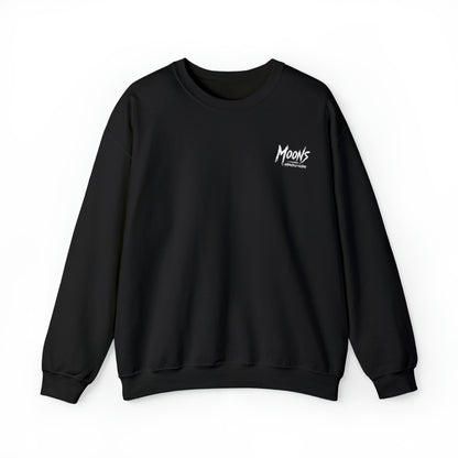 MOONSMC Graffiti Type Logo Heavy Blend Crewneck Sweatshirt: front of the black sweatshirt with a small chest logo.