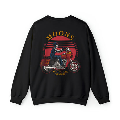 MOONSMC FXRT Sunset Heavy Blend Crewneck Sweatshirt: black sweatshirt showing the large motorcycle and sunset back graphic.