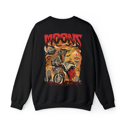 MOONSMC FXR Headless Horsemen Graveyard Wheelie Sweatshirt Red: black sweatshirt showing the large headless rider back graphic.