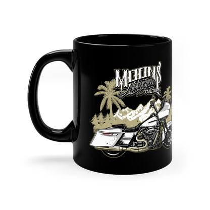 MOONSMC Road Glide Special 11oz Black Mug: black mug showing the motorcycle and palm-tree graphic, handle on the left.