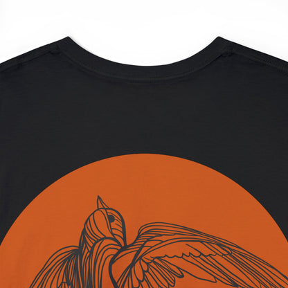 MOONSMC San Juan Capistrano Swallow Heavy Cotton Tee: close-up of the swallow and orange circle back graphic.