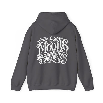 MOONSMC "The Saloon" Hooded Sweatshirt: charcoal hoodie showing the large back logo with the hood down.