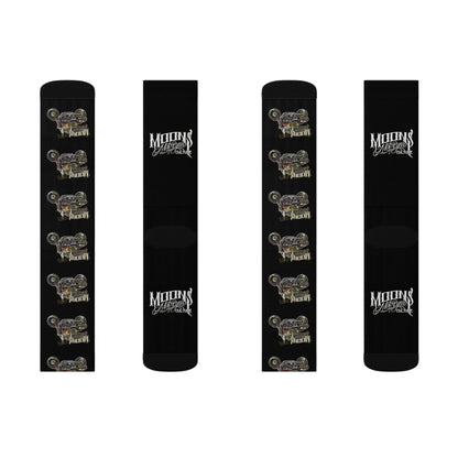 MOONSMC Red Rider FXR Sublimation Socks: multiple flat views of black socks with repeating motorcycle graphics and logo lettering.