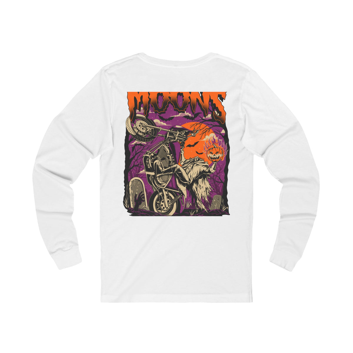 MOONSMC FXR Headless Horsemen Graveyard Wheelie long sleeve tee with purple artwork on white