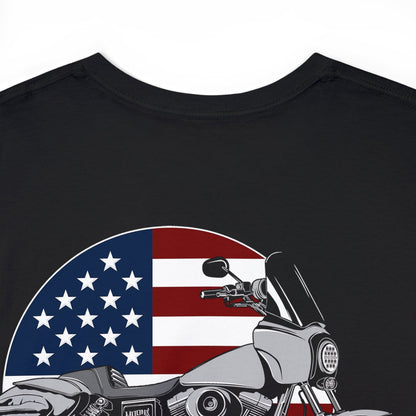 MOONSMC FXDT / T-SPORT "MURICA" Heavy T-Shirt: close-up of the motorcycle and American flag back graphic on black fabric.
