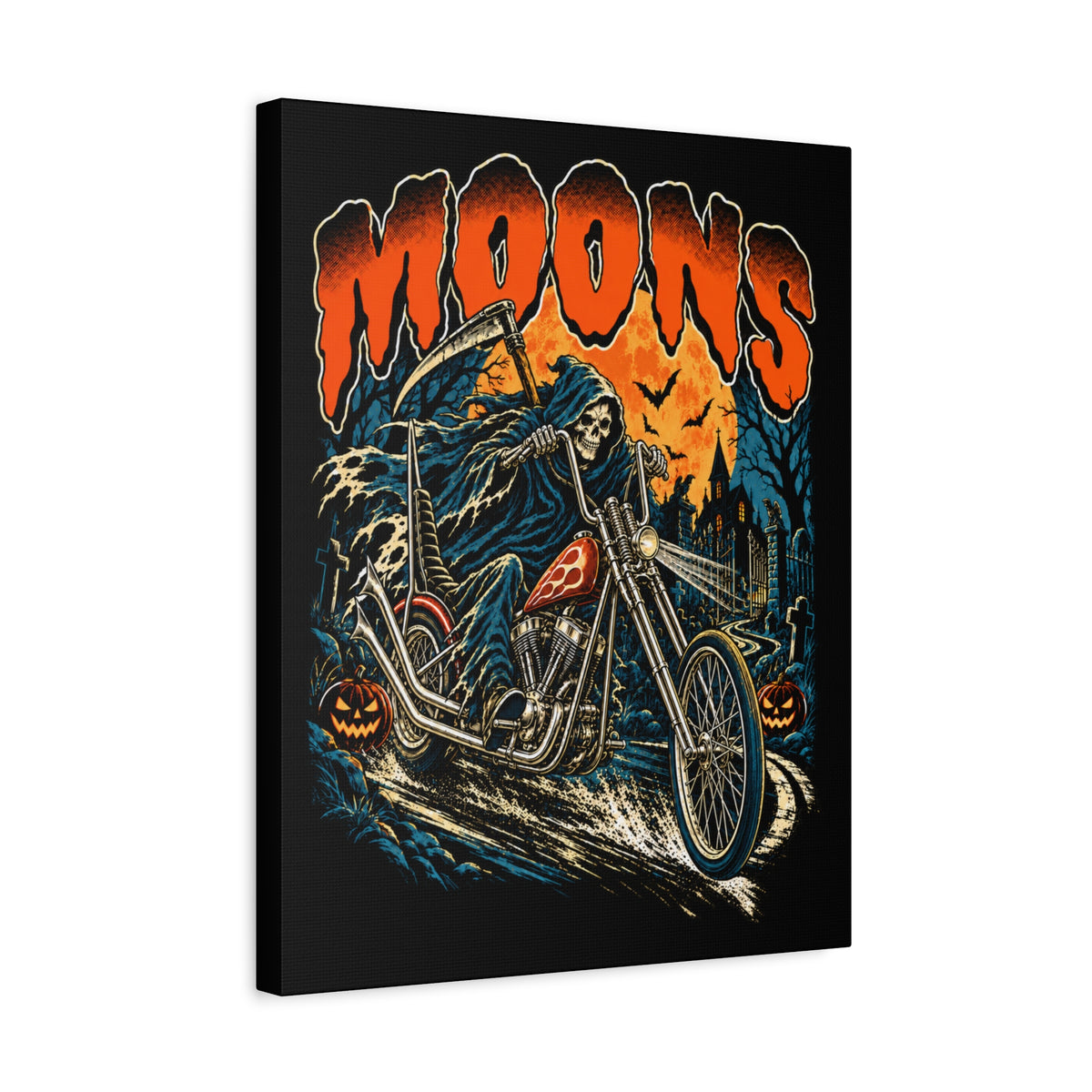 Angled view of MOONSMC Midnight Reaper Halloween 2026 16 by 20 inch matte canvas with black 1.25 inch edges