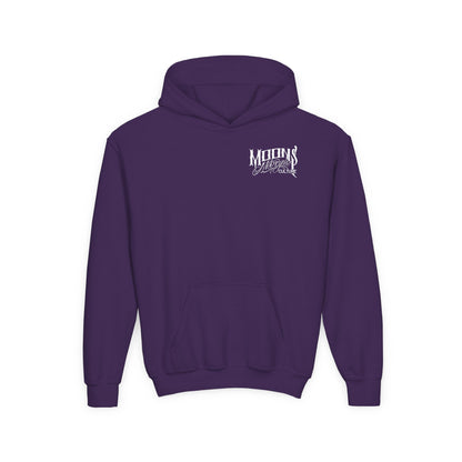 MOONSMC OG Logo Kids Hoodie: front of the purple kids hoodie with a small chest logo.
