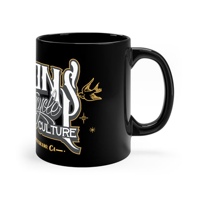 MOONSMC San Juan Capistrano Logo 11oz Black Mug: black logo mug with the handle on the right.