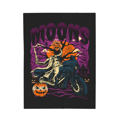 MOONSMC 2024 Halloween Edition - FXLRST Headless Horsemen Graveyard Purple Velveteen Plush Blanket: blanket laid flat showing the rider and pumpkin artwork.