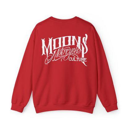MOONSMC OG Logo Heavy Blend Crewneck Sweatshirt: red sweatshirt showing the large white back logo.