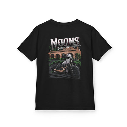 MOONSMC San Juan Capistrano - Mission Dyna Kids Heavyweight Tee: black kids tee showing the mission and motorcycle back graphic.
