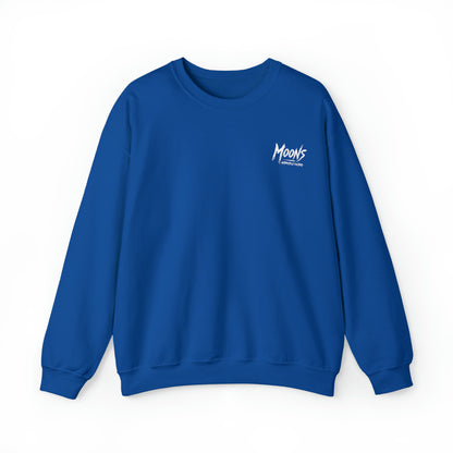 MOONSMC Graffiti Type Logo Heavy Blend Crewneck Sweatshirt: front of the royal blue sweatshirt with a small chest logo.