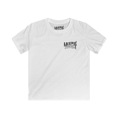 MOONSMC OG Logo Kids Softstyle T-shirt: front of the white kids tee with a small chest logo.