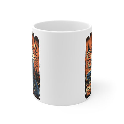 MOONSMC 2024 Halloween Edition - FXLRST Headless Horsemen Graveyard Coffee Mug Orange: white mug showing the gap between the printed panels.