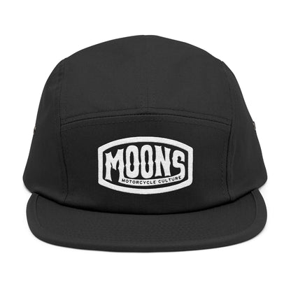 MOONSMC Vintage Badge Embroidered Logo 5 Panel Hat: front of the black five-panel cap with an embroidered badge.