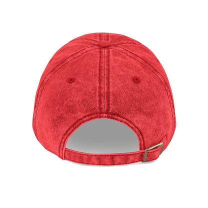 MOONSMC Vintage Badge Embroidered Stone Washed Hat: rear of the red washed-finish cap showing its adjustable strap.