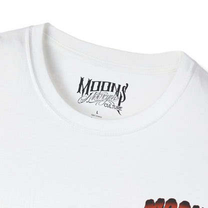 MOONSMC 2024 Halloween Edition - FXLRST Headless Horsemen Graveyard White Tee Indigo: close-up of the white neckline and printed neck label.
