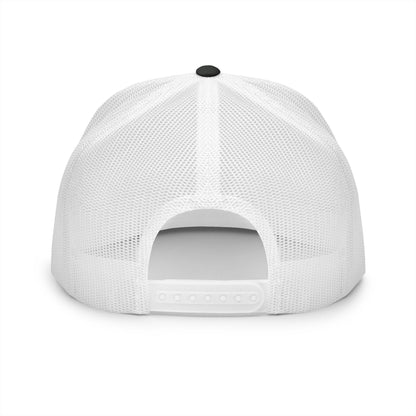 MOONSMC OG Logo White Embroidered 5 Panel Trucker Hat: rear view showing white mesh and an adjustable snap closure.