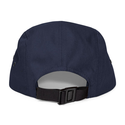 MOONSMC Vintage Badge Embroidered Logo 5 Panel Hat: rear of the navy five-panel cap showing its adjustable buckle strap.